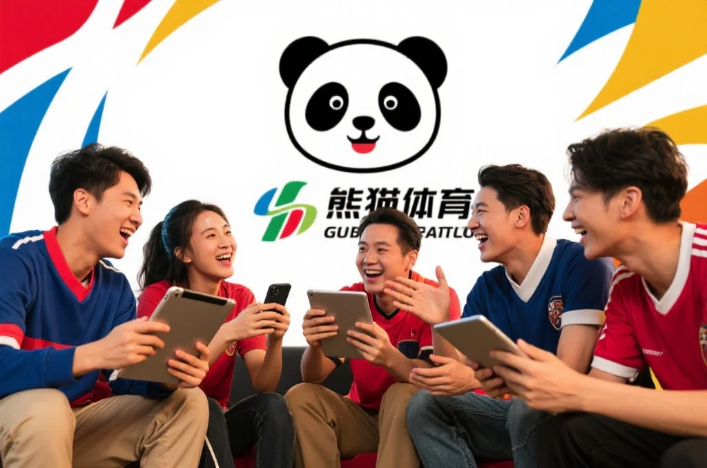 一群热情球迷围坐在一起，手持平板和手机，愉快地讨论比赛内容，背景是熊猫体育的LOGO和色彩元素